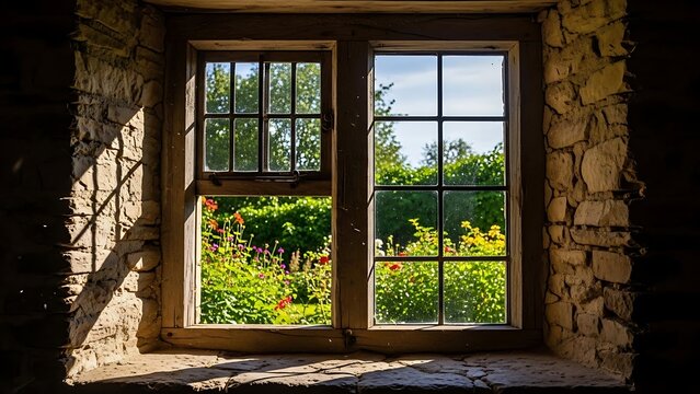 Rustic window view of lush green garden scene.