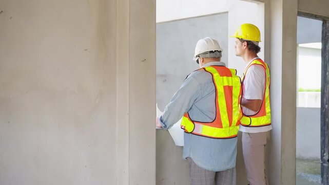 Construction engineer and site foreman supervisor discussing blueprint and interior building structure for residential housing project during construction management and real estate development