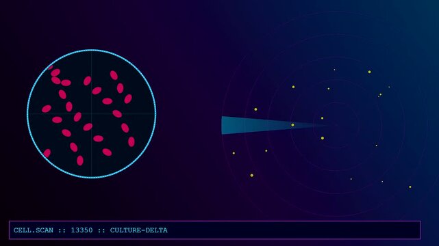 Bioinformatics interfaces displayed on a digital screen feature circular motion tracking of red cell clusters alongside yellow floating light particles in a dark lab setting