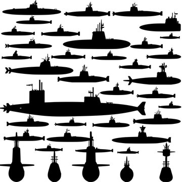 Collection of 24 black silhouette submarines arranged in a 6x4 grid on a white background, showcasing various designs and sizes. The submarines are depicted in a minimalist, vector illustration sty...
