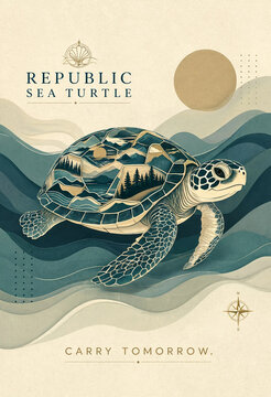 Illustrated Sea Turtle Swimming Underwater in Ocean with Crescent Moon and Waves