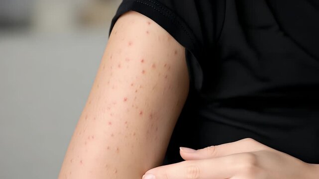 A person points to a skin rash on their upper arm to demonstrate the irritation caused by allergies or an unknown medical condition requiring urgent professional dermatological evaluation.
