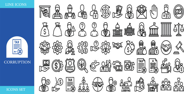 corruption line icon set featuring bribery, political, crime, dishonest, business, money, laundering, fraud, and injustice. professional editable vector illustration for law and ethics.
