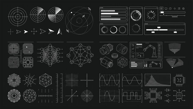 Set of technical interface elements and hud data display components for digital projects with high tech interface graphics futuristic elements dashboard information navigation monitoring