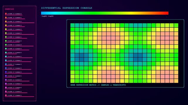Bioinformatics interfaces displayed on three digital panels showing complex data grids with vibrant heat map gradients and scrolling lists of scientific sample information in dark studio