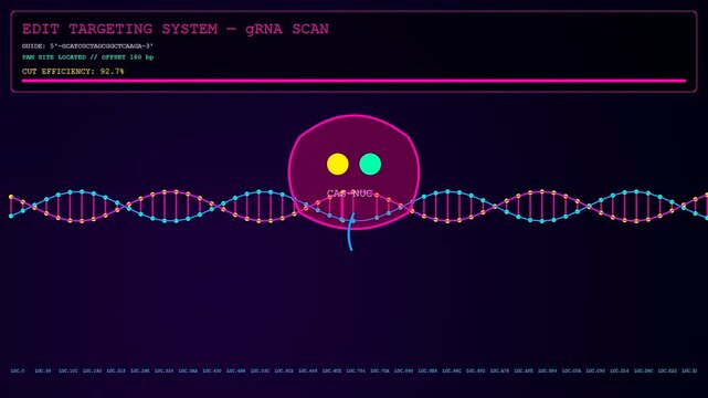 Bioinformatics interfaces show digital strands of dna being analyzed by a software application with moving molecular markers displayed on a glowing dark purple computer screen monitor