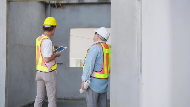 Construction engineer and site foreman supervisor discussing blueprint and interior building structure for residential housing project during construction management and real estate development