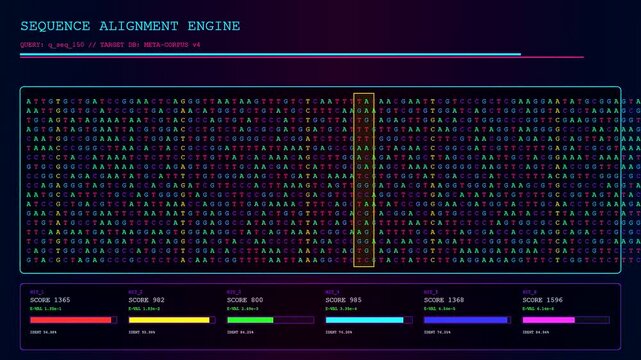 Bioinformatics interfaces showing glowing genetic sequence data analysis with colorful bar charts displayed on a dark digital display grid for advanced laboratory research studies
