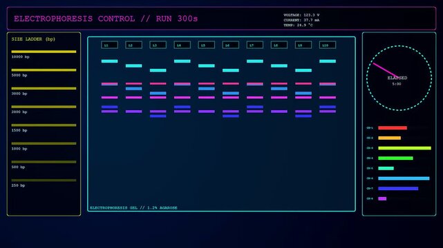 Digital bioinformatics interfaces monitor DNA sequencing progress across three split screen panels showcasing vibrant color bands on dark grids as the experiment cycles through timed analysis