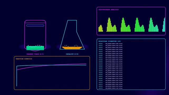 Bioinformatics interfaces showing chemical reaction progress with glowing liquid vessels and fluctuating spectral line graphs over a dark purple screen as complex laboratory data sequences flow