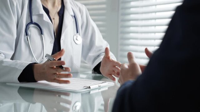 Doctor writing medical notes during a healthcare consultation, providing patient care, discussing diagnosis and treatment plan in a clinic office setting