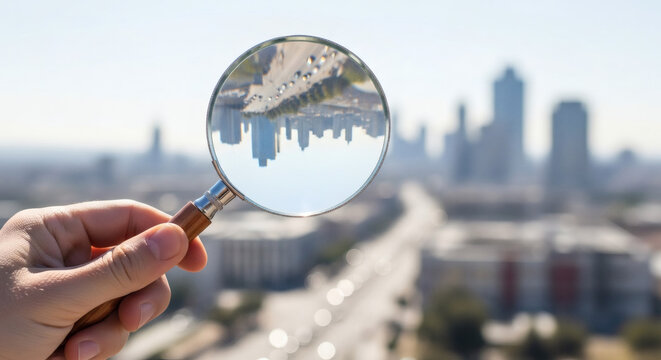 Magnifying glass held by hand showing inverted city skyline skyscrapers and urban roads in a bright sunny daylight environment