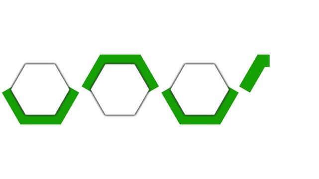 Clean animated infographic showing sequential green and white hexagon shapes appearing on a white background.