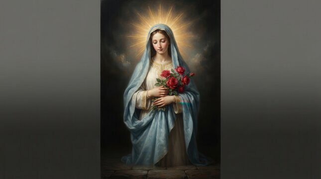 The Blessed Virgin Mary holding red roses in a sacred Nativity scene.