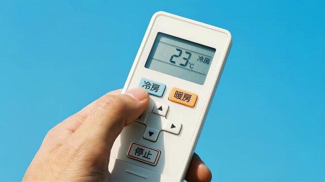 青空を背景にエアコンのリモコンで冷房23度に設定する手