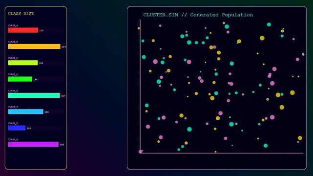 Synthetic data displays showing shifting colorful point clusters within dark graphical interfaces as changing numerical bar charts update on screen during a digital processing cycle