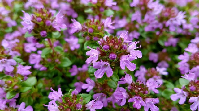 Creeping Thyme Flowers in Garden - Soft Colors Botanical Background