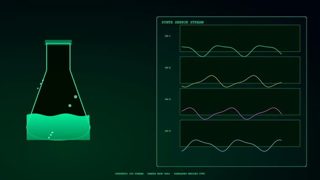 A digital screen displaying synthetic data with floating bubbles in glass flasks and fluctuating wave lines illustrating complex chemical reaction processes during a laboratory test phase