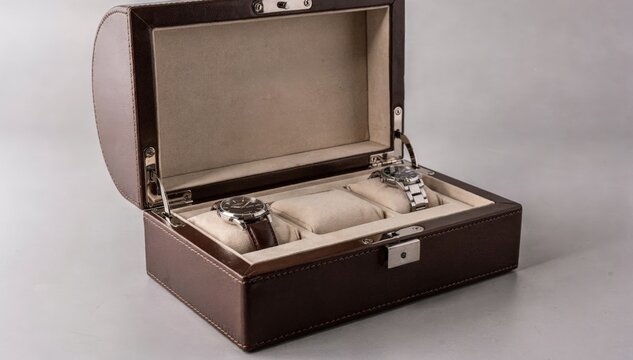Medium shot focusing on a premium leather watch box with secure hinge setting and cushioned slots designed for delicate watch placement.