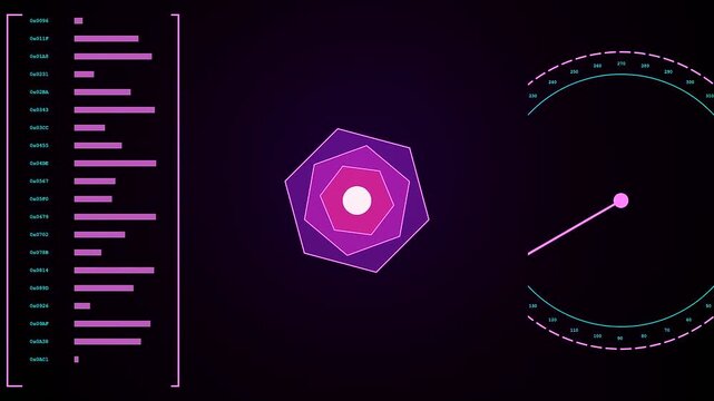Synthetic data displays showing moving geometric nodes with radar circles and scrolling text panels on a dark purple screen for interface monitoring and software analysis