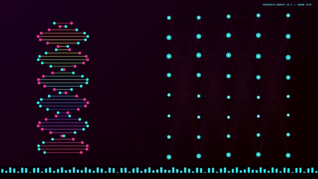 A sequence showing synthetic data patterns with glowing blue and pink nodes floating in deep space rhythmically pulsating across a dark void for digital analysis