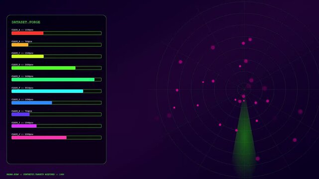 A screen displaying synthetic data interface with oscillating radar patterns and scrolling loading bars showing digital progression in a dark purple glow for computing monitoring