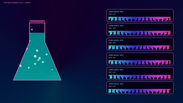 Synthetic data processing flows through digital glass vials while dynamic interface bars fluctuate with active monitoring metrics showing continuous volume changes in dark laboratory space