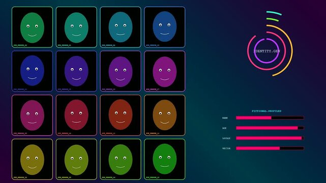 Synthetic data visualizations display diverse colorful oval facial avatars in a systematic grid interface while status bars update in this modern digital motion design loop