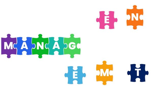 Colorful Puzzle Pieces Forming MANAGEMENT Word. Business Strategy Concept Animation.