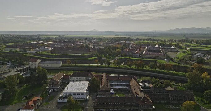 Terezin Czechia Aerial v6 low flyover walled garrison town across Ohre river towards preserved town center, birds eye view capturing square - Shot with 5k Camera - November 2022