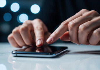 Fototapeta premium Close up of person's fingers pointing and touching smartphone screen with blurry bokeh lights in background indicating technology interaction.