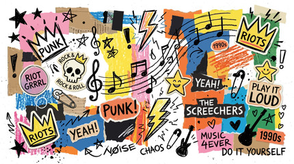 Fototapeta premium Dynamic vector illustration capturing punk rock and grunge aesthetic, a lively collage of music, art, and rebellion