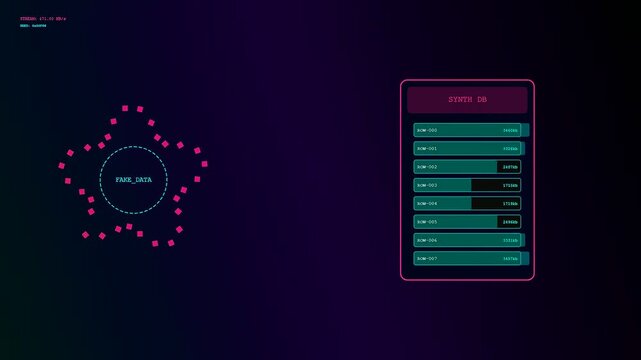 Synthetic data streams flow through a dark digital interface showing rising metrics in a loading sequence that displays multiple bars and glowing circular light patterns