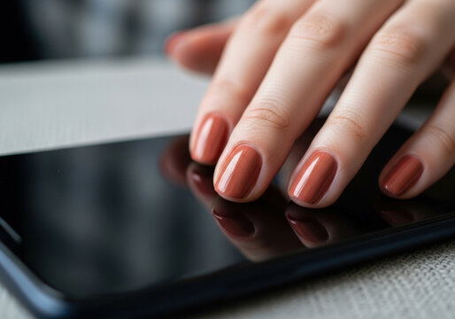 Close up of womans hand with elegant terracotta manicure resting on screen of black smartphone on gray textured surface in soft natural lighting.