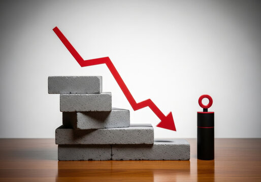 Conceptual image of business failure showing red arrow pointing down over stack of grey concrete bricks on wooden desk with isolated object.