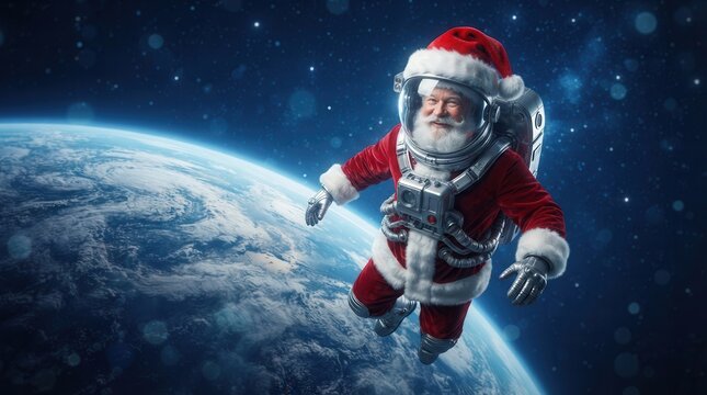 An astronaut Santa Claus flying in outer space above the Earth.