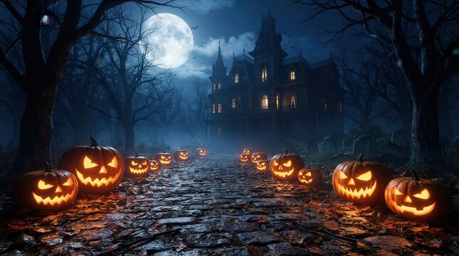 A 3D render of an evil pumpkin scene with a scary haunted house under a full moon.