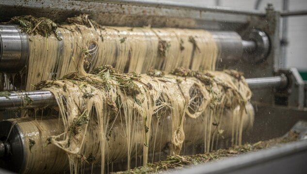 Medium shot of semiwet hemp bast fiber decortication with visibly damp fibers and machinery processing the softened plant material for enhanced fiber extraction.