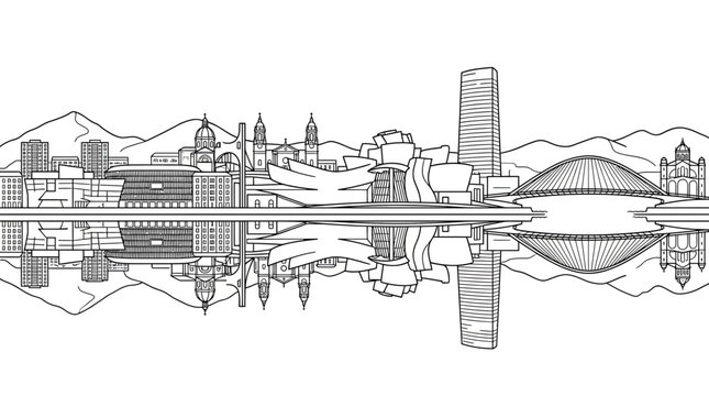Bilbao Skyline Drawing Reflection, Modern Architecture, Mountains, Water, Sketch Art