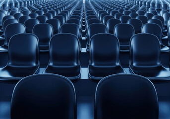 Naklejka premium Empty blue plastic seats arranged in rows in large auditorium or stadium creating repetitive geometric pattern and symmetrical visual perspective.