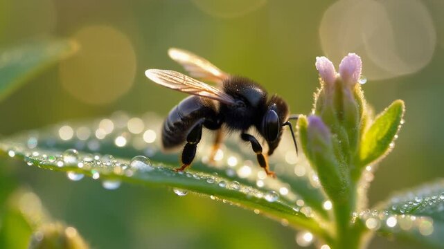 Macro close up of a metallic black carpenter bee on a dew covered leaf in golden morning light, concept of biodiversity and environmental health