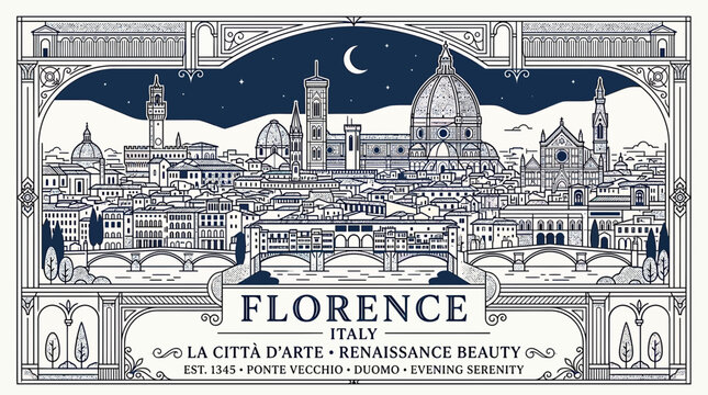 Florence Italy Cityscape at Nighttime.
