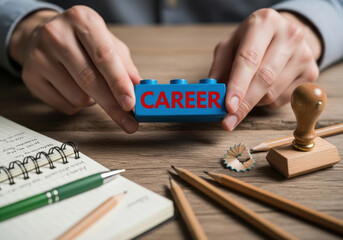 Obraz premium Hands holding blue building block with word career on it symbolizing career building and professional development with notebook and pencils.