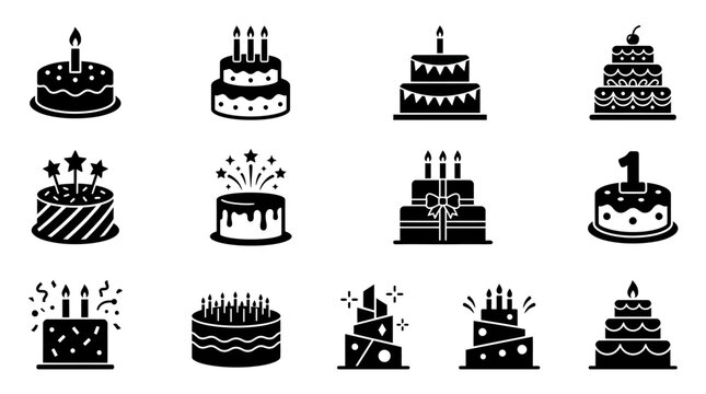 A kue illustration set for celebrations and  parties with cakes and candles on a simple background