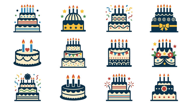 A colorful collection of twelve celebratory cakes with lit candles and decorations.
