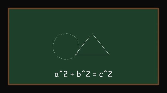 Pythagorean theorem formula and geometric shapes animation on green chalkboard 4k geometry mathematics