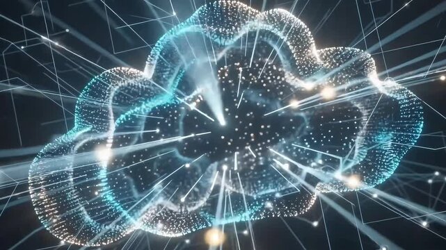 Digital cloud computing icon forming with glowing data particles