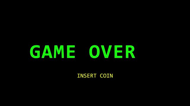 Retro arcade game over screen with insert coin text vintage 8-bit gaming animation 4k