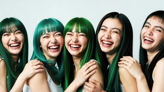 Vibrant Strands, Radiant Smiles: A group of young women with striking green hair flash genuine, joyous smiles, their faces alight with happiness and shared amusement.