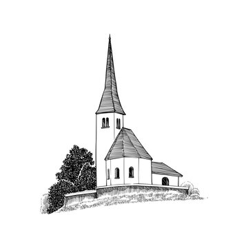 Hand drawn sketch of church building with the environment using line art and point sketch style 